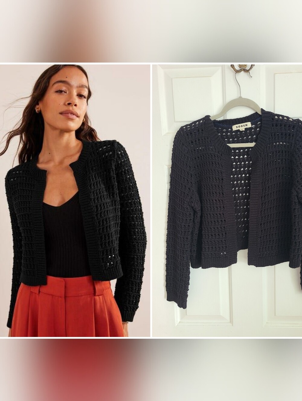Boden Cropped Crochet Open Cardigan